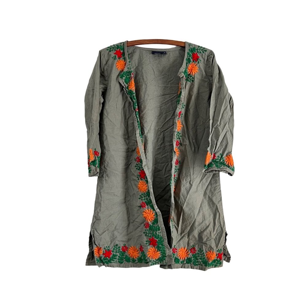 Madison Mathews Womens Gray Floral Embroidered Open Cardigan Size Medium